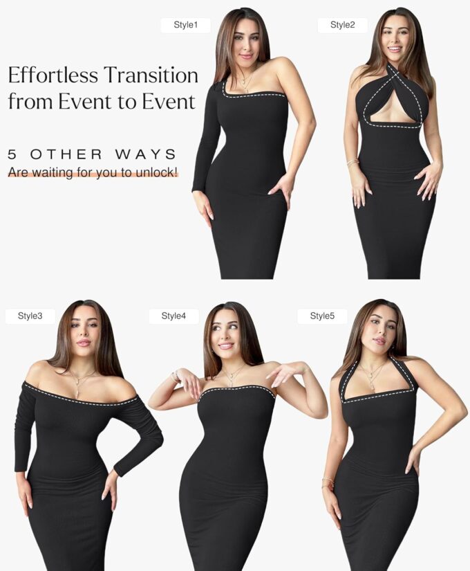 Popilush Long Sleeve Maxi Dress Bodycon Cocktail Dress Shapewear Tummy Control Fall Formal Dresses Built-in Bra – Bild 4