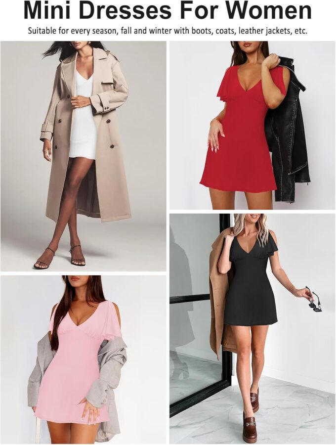 Women's Sexy Deep V-Neck Ruffle Sleeve Mini Dresses Summer Casual Bodycon Beach Cocktail Party Club Short Dress – Bild 7