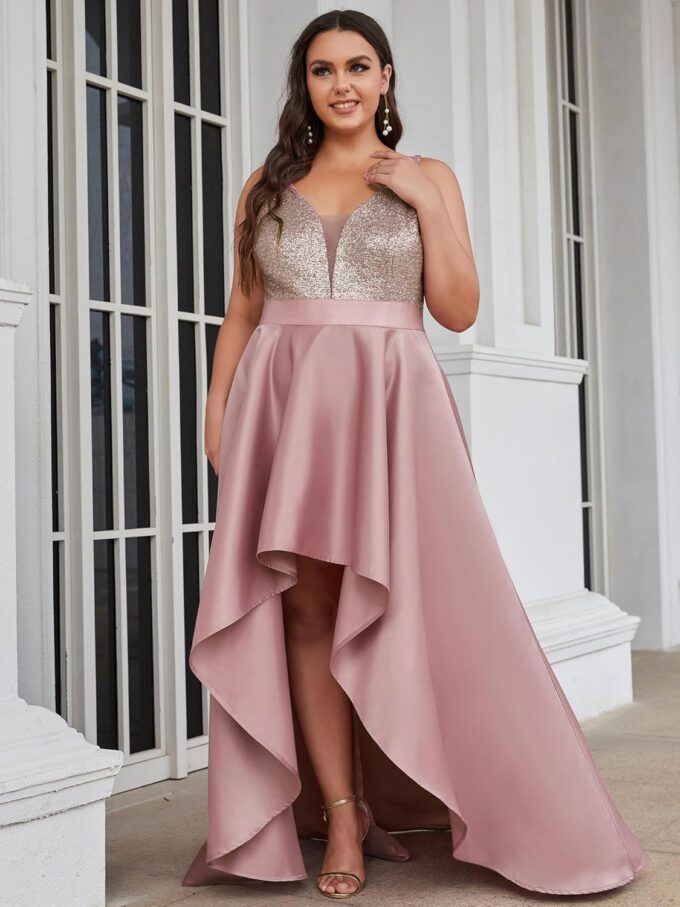 Ever-Pretty Plus Women's Elegant V Neck Sleeveless High Low A Line Sequin Satin Plus Size Cocktail Formal Dresses – Bild 5