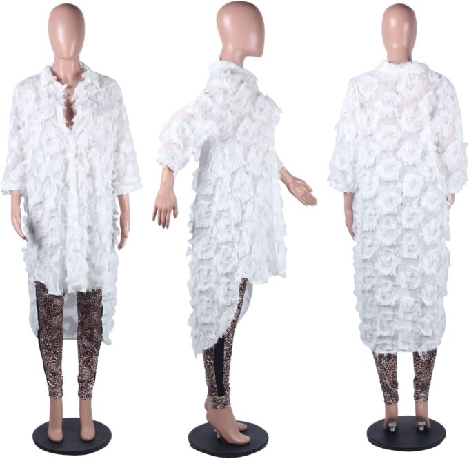 xxxiticat Women's Faux Feather Mini Dress Quarter Sleeve Deep V-Neck Low Cut Asymmetric Fringe Tassel Shirt Blouse Dress – Bild 3