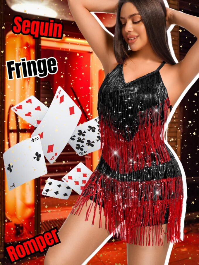 Kaei&Shi Sequin Fringe Dress,Backless Sexy Rompers For Women Clubwear,Sparkly Dance Outfits Rave Festival Concert Disco – Bild 2