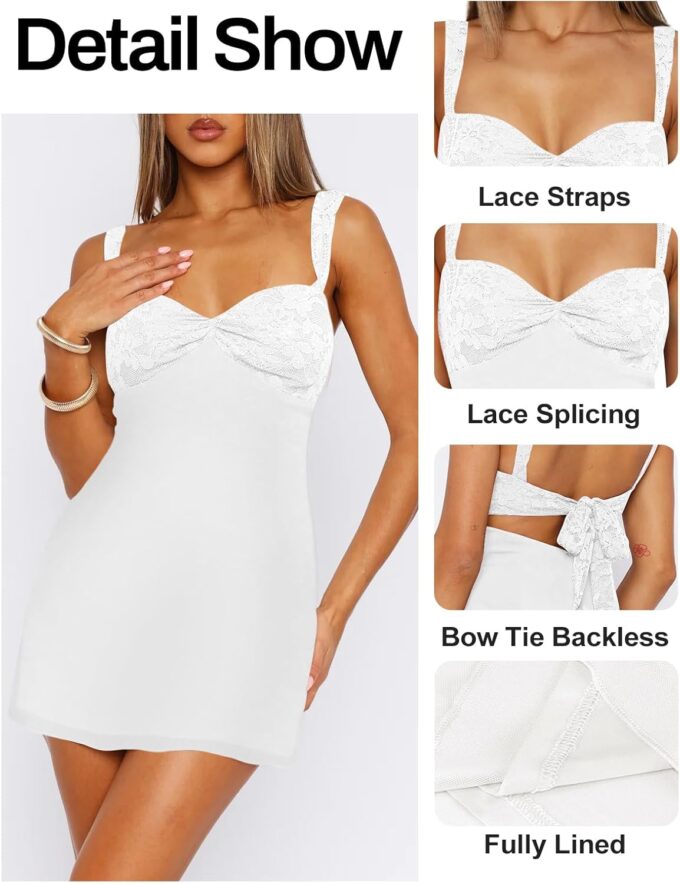 Women's Summer Mini Dresses Sleeveless Sexy Square Neck Lace Splicing Cocktail Party Straps Bodycon Dress – Bild 3