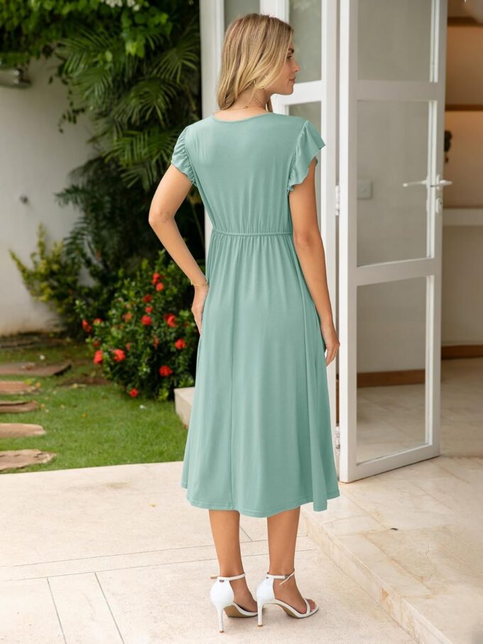 BerryGo Womens Summer Casual Midi Dress V Neck Flutter Short Sleeve Smocked A Line Flowy Graduation Spring Dress 2025 – Bild 6
