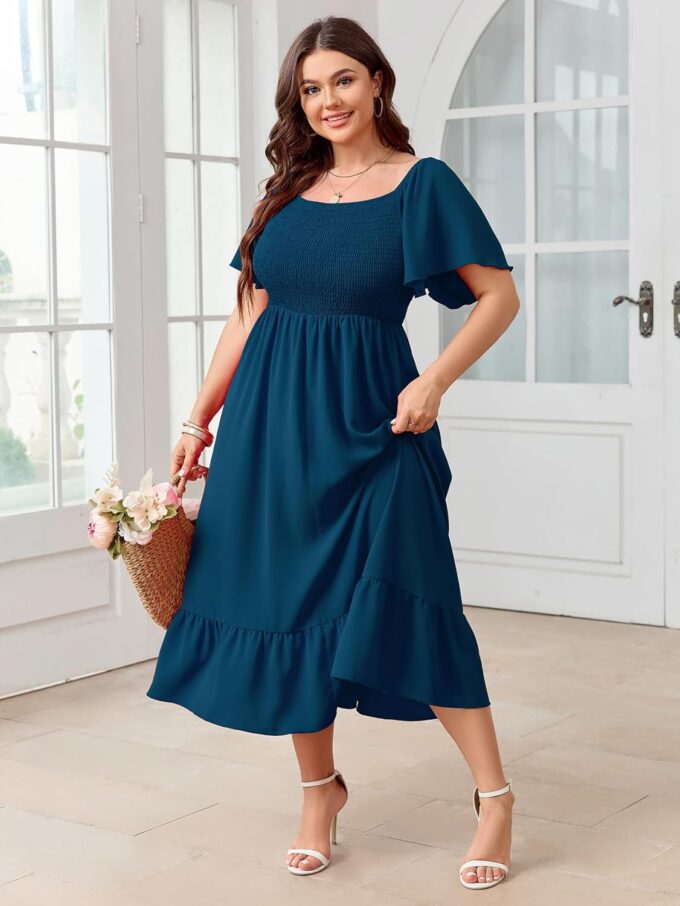 SCOMCHIC Women's Plus Size Summer Dress Casual Short Sleeve Scoop Neck Maxi Dress Smocked Ruffle Boho Flowy Long Dresses – Bild 7