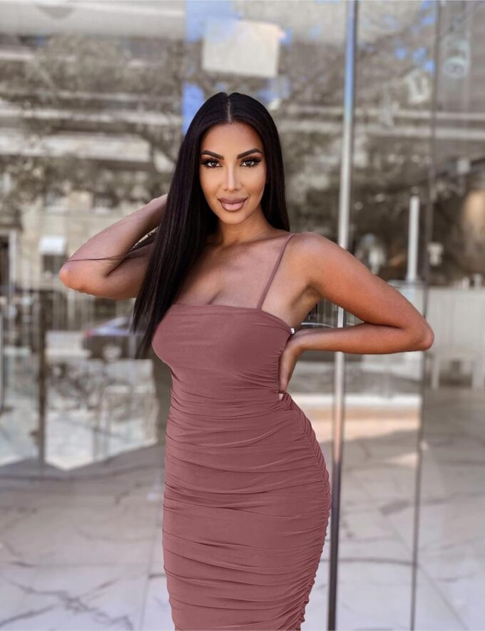 BEAGIMEG Women's Sexy Bodycon Sleeveless Spaghetti Strap Ruched Club Party Cocktail Midi Dress – Bild 3