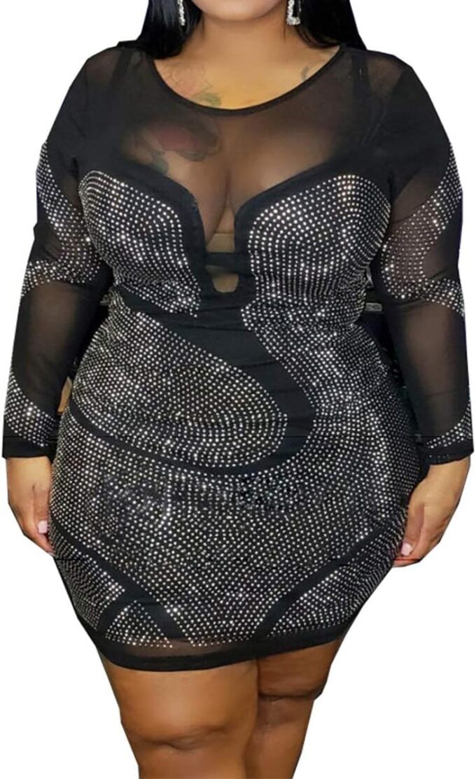 Womens Sexy Plus Size Long Sleeve Rhinestone Mesh See Through Bodycon Party Club Mini Dress Clubwear