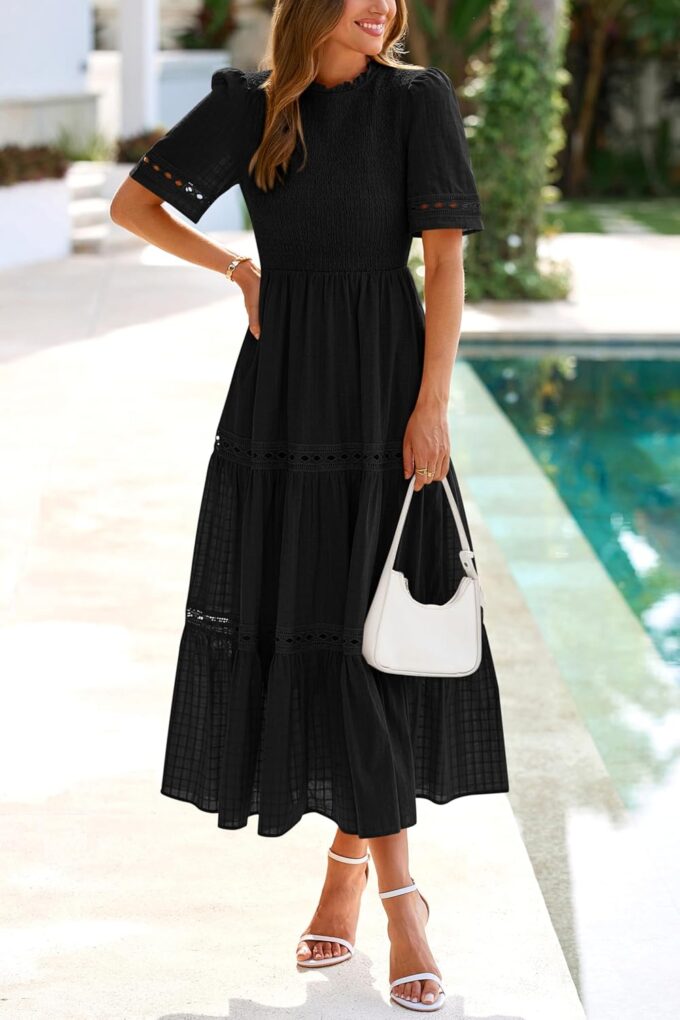 dowerme Summer Dresses for Women 2025 Casual Boho Hollow Out Short Sleeve Ruffle Mock Neck Smocked Maxi Gingham Sundress – Bild 3