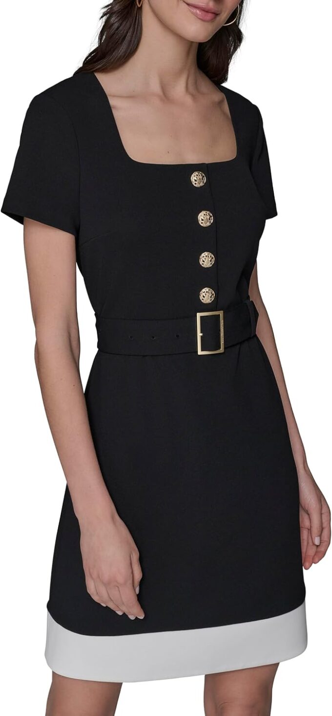 KARL LAGERFELD Women's Belted Buttons Down Front Scuba Crepe Dress