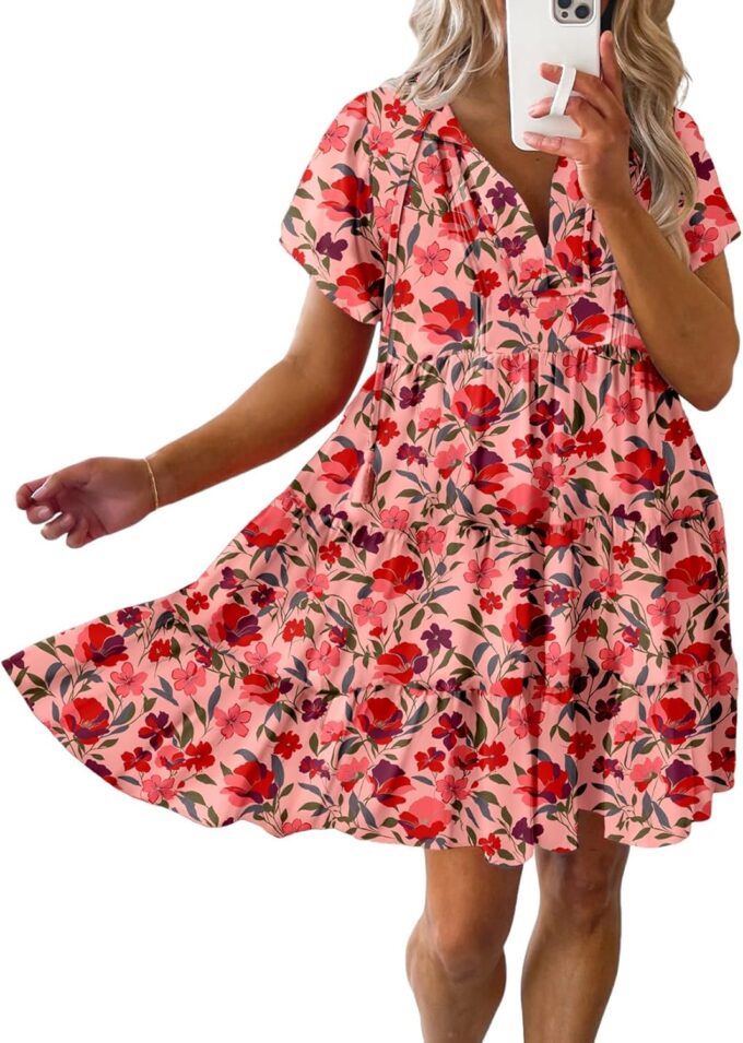 Dokotoo Womens Summer Casual Boho Floral Dresses V Neck Short Sleeve Sundresses Flowy Swing A-Line Mini Dress