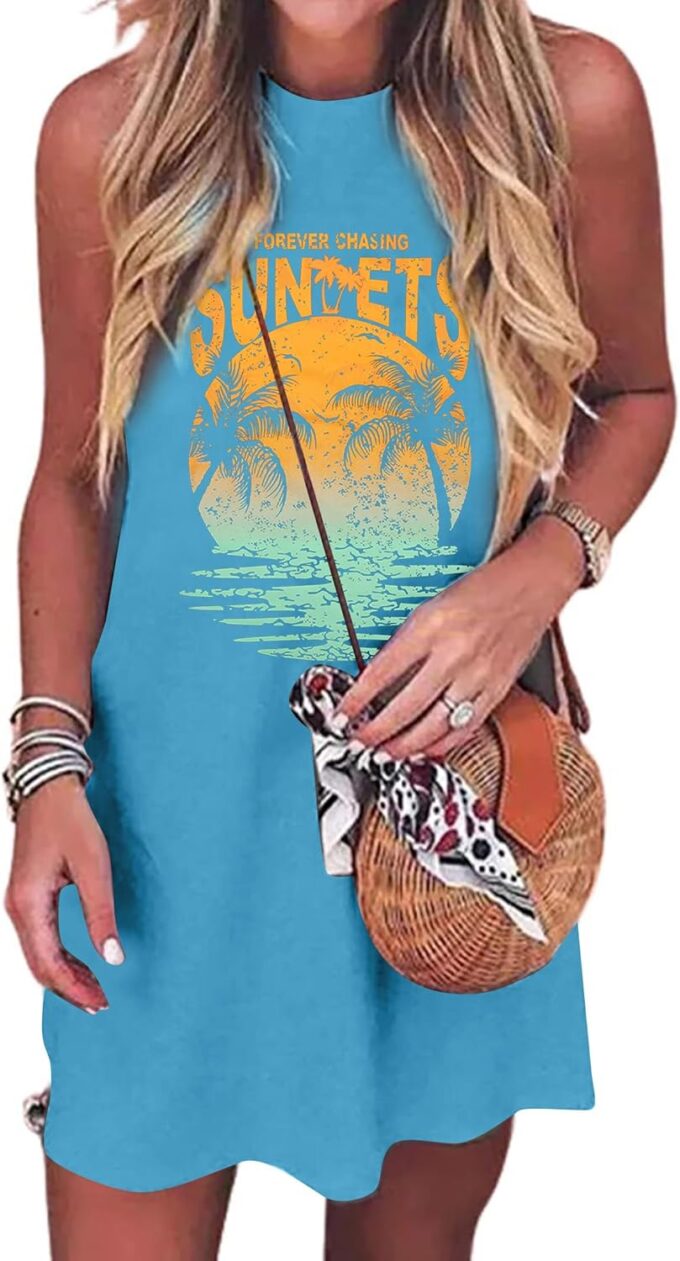 Summer Sundress for Women Graphic Mini Tank Dress Sleeveless Beach Dresses Short Casual Sun Dresses