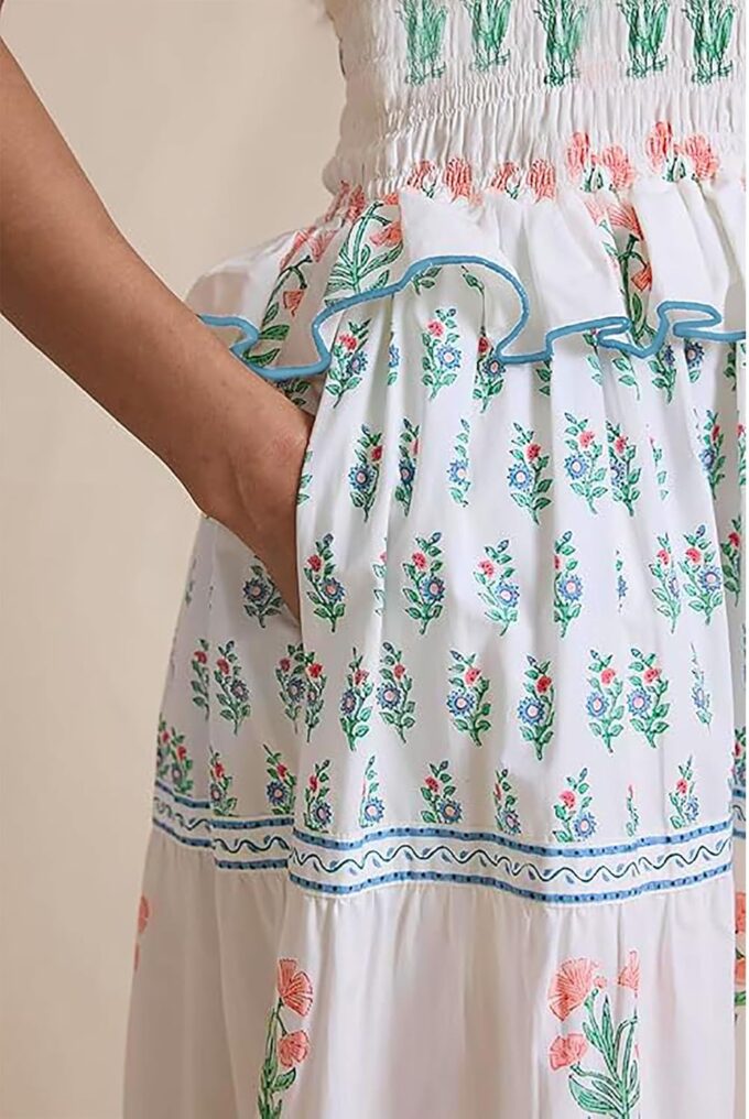 Women Summer Smocked Flowy Dress Spaghetti Strap Square Neck Floral Dress Ruffle Patchwork Boho A Line Midi Sun Dress – Bild 3