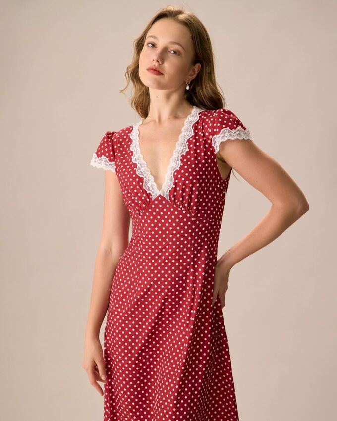 Women Summer Dresses Deep V Neck Polka Dot Prined Splice Lace Dress Elegant Cotton for Party – Bild 5