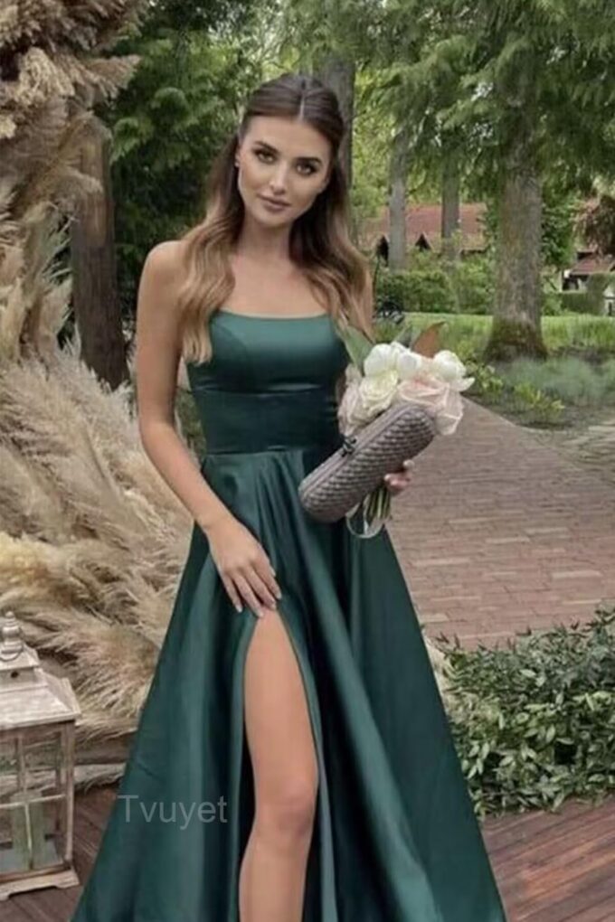 Tvuyet Satin Prom Dresses Long with Pockets Spaghetti Straps A Line Bridesmaid Dresses with Side Slit Ball Gown – Bild 4