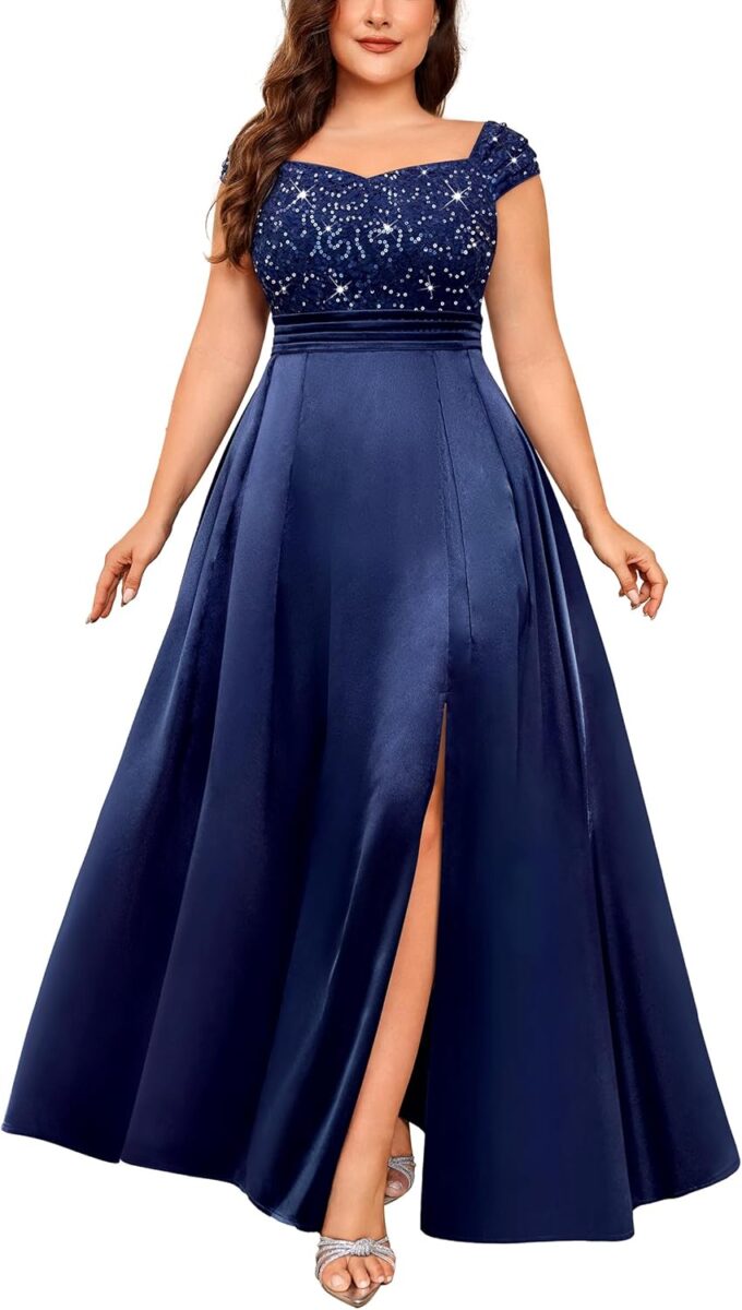 MISSMAY Women's Plus Size Sequin Lace Off Shoulder Satin Slit Formal Evening Party Maxi Dress