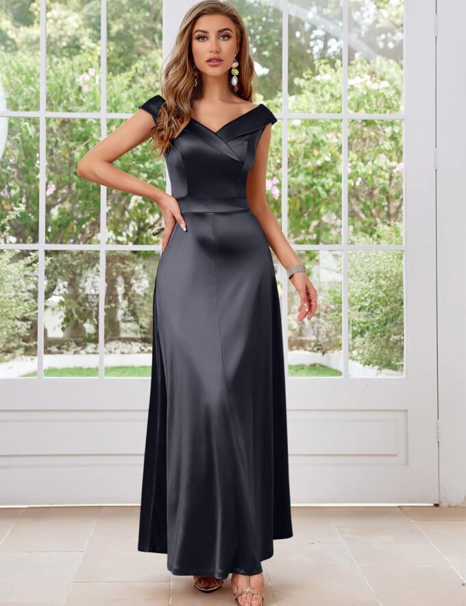 Women's Vintage 1950s V Neck Satin Cocktail Bridesmaid Floor Length Dress – Bild 3
