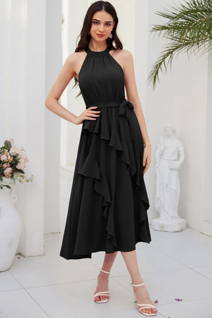 GRACE KARIN Women's 2024 Summer Sleeveless Halter Neck Ruffle Hem Split Flowy Swing Long Midi Dress with Belt – Bild 3