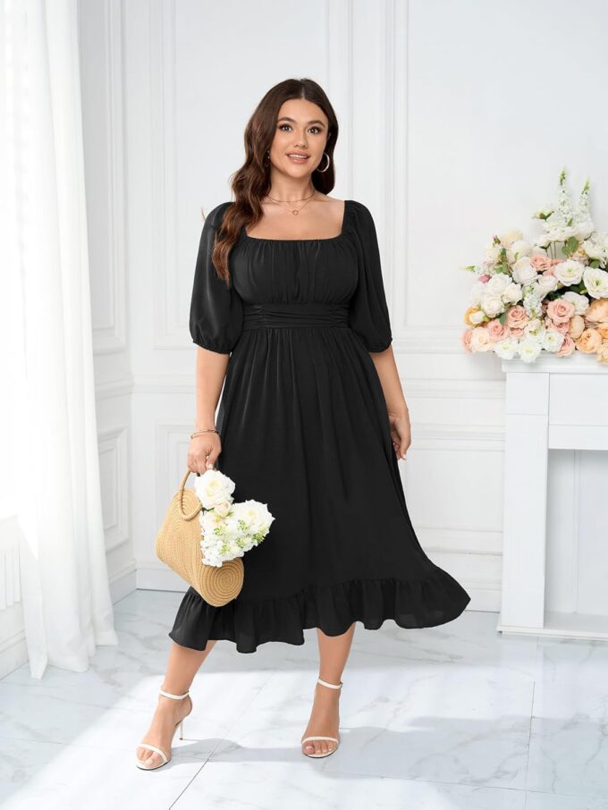 Women's Plus Size Maxi Dress Summer Half Lantern Sleeve Square Neck Smocked Flowy A-Line Elegant Wedding Guest Dresses – Bild 2