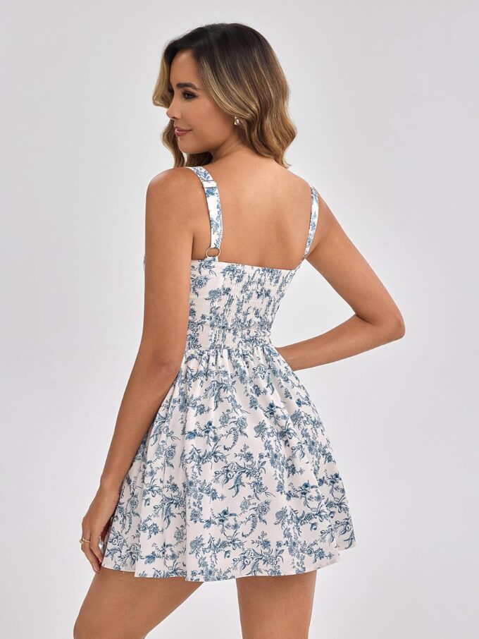 KUTUMAI Floral Corset Mini Dress Summer Flowy A Line Smocked Short Dresses for Women 2025 Sundress with Pockets – Bild 4