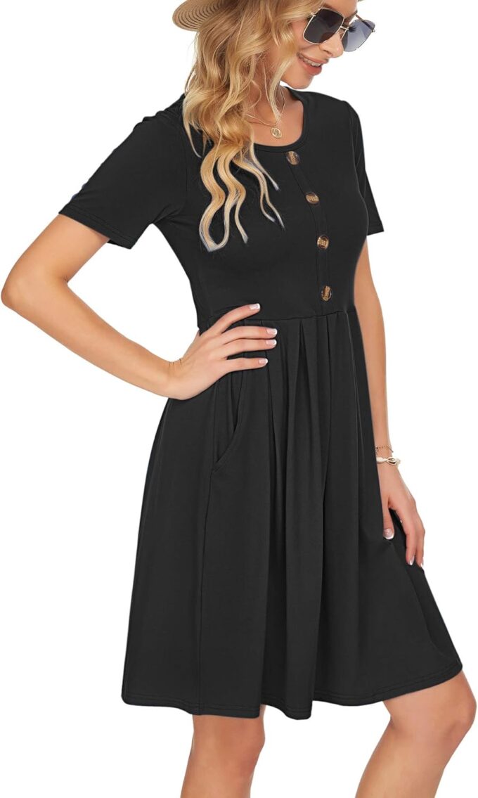 AUSELILY Women's Short Sleeve Summer Dress Pleated Button Down Knee Length Dresses with Pockets 2025 New – Bild 4