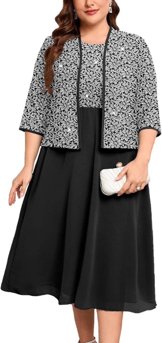 ZOMVA Plus Size Sparkly Mother of The Bride Dresses with Jacket 2 Piece Chiffon A-Line Dress Wedding Guest Formal