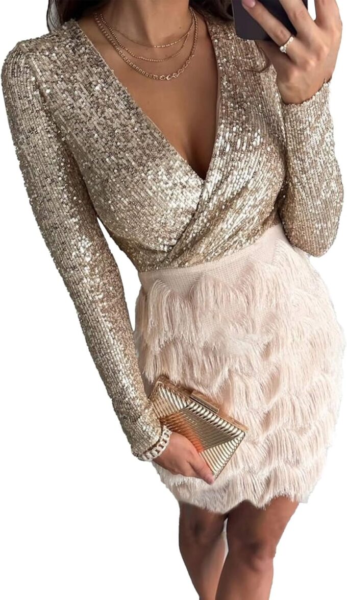 SEMATOMALA Women's Wrap V Neck Long Sleeve Pencil Mini Dress Sequin Top Fringe Skirt Flapper Cocktail Short Dress