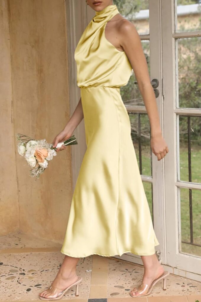 Women's 2025 Summer Satin Dress Elegant Formal Sleeveless Mock Neck Wedding Guest Cocktail Party Maxi Dresses – Bild 5