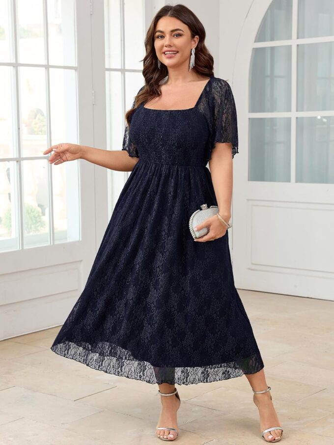 SCOMCHIC Women's Plus Size Wedding Guest Dress Formal Lace Square Neck Short Sleeve Smocked Flowy Cocktail Maxi Dresses – Bild 3
