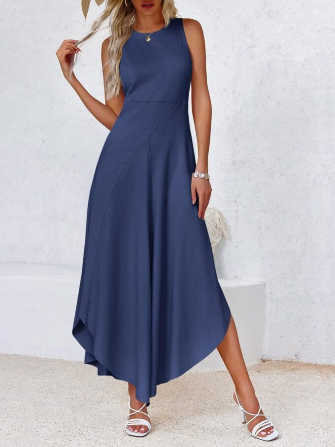 Fisoew Womens Summer Sleeveless Maxi Dress Asymmetrical Hem Crew Neck High Waist A Line Flowy Casual Long Beach Dress – Bild 2