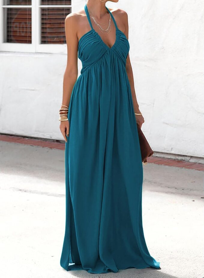 Maxi Chiffon Dresses for Women 2025 Sexy Halter V Neck Backless Smocked High Waisted A Line Beach Vacation Sundress – Bild 3