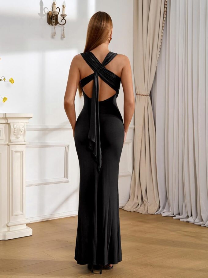 Women's Summer Backless Bodycon Maxi Dress Cross Back Strap Ruched Formal Wedding Guest Long Dresses 2025 – Bild 5