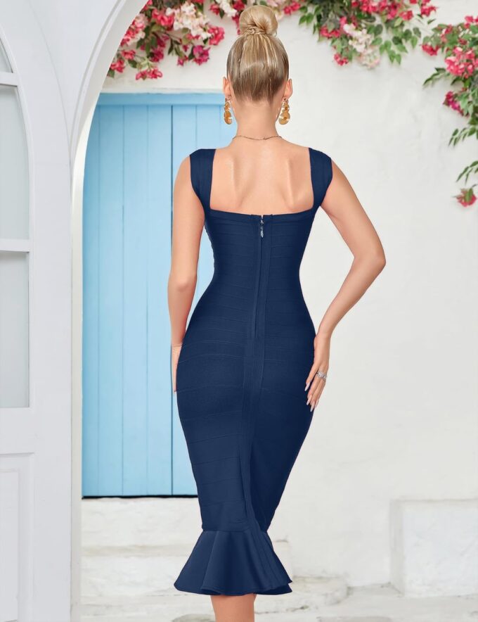Shoulder Strap Sleeveless Fishtail Midi Bandage Dress for Women Bodycon Club Party Evening Dresses – Bild 4