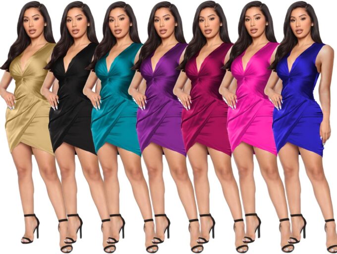 LightlyKiss Womens Midi Wrap Wedding Guest Dress Sleeveless Bodycon Ruched Cocktail Party Dresses – Bild 5
