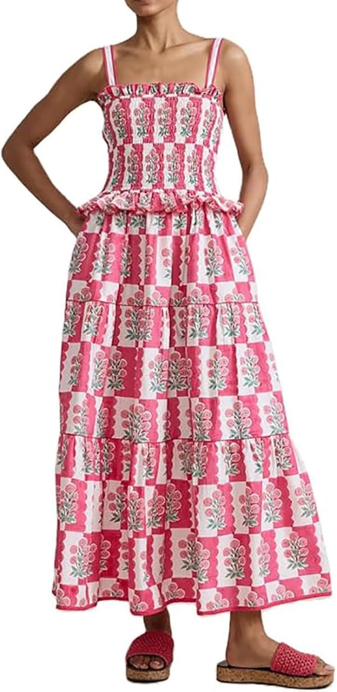 Women Summer Smocked Flowy Dress Spaghetti Strap Square Neck Floral Dress Ruffle Patchwork Boho A Line Midi Sun Dress