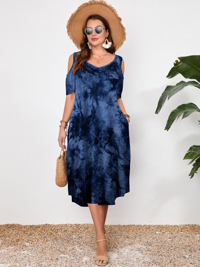 LARACE Plus Size Women Dress for Summer, Midi Women's Sundress, Casual V-Neck Short Sleeve Flowy T-Shirt Dresses with Pockets – Bild 2