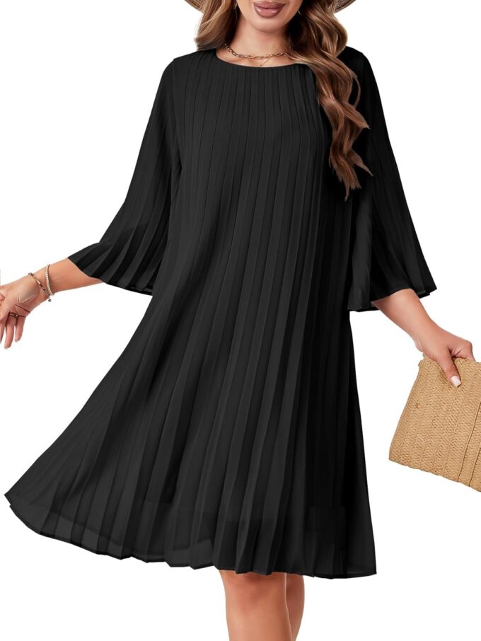 Rooscier Women's 3/4 Sleeve Pleated Crew Neck Keyhole Back Flowy Loose Fit Midi Dress