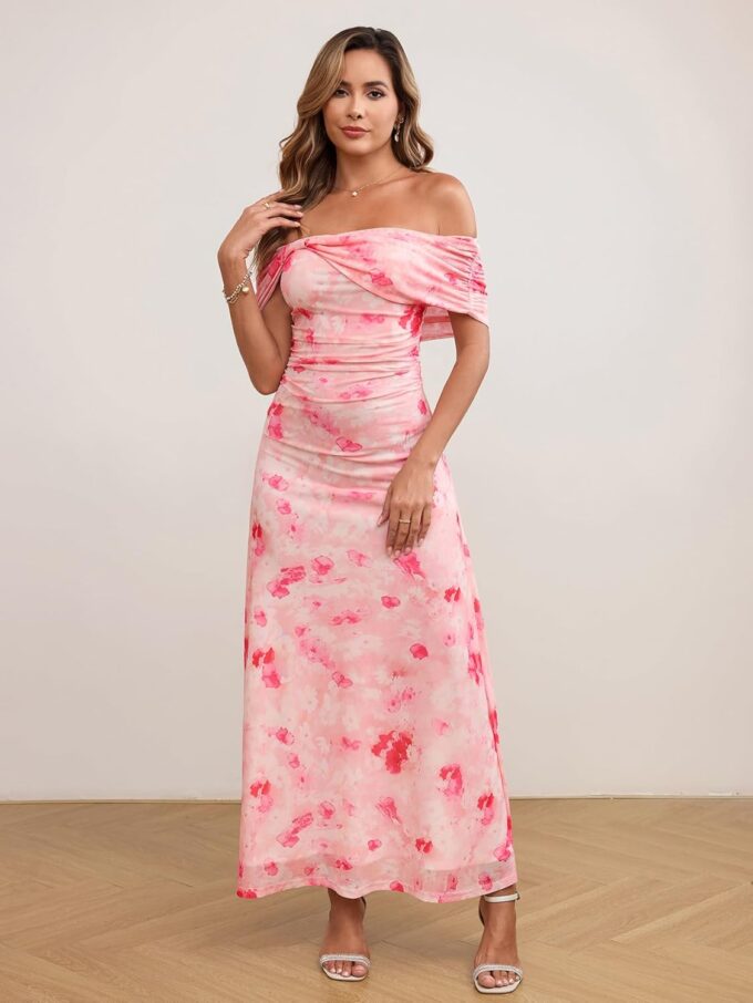 KUTUMAI Women Floral Off Shoulder Maxi Dress Summer Ruched Bodycon Long Formal Wedding Guest Dresses 2025 – Bild 4