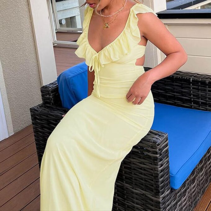 Owl's-Yard Women Sexy Dresses V Neck Sleeveless Ruffle Hem Bodycon Maxi Dress Casual Slim Backless Cocktail Party Sundress – Bild 5