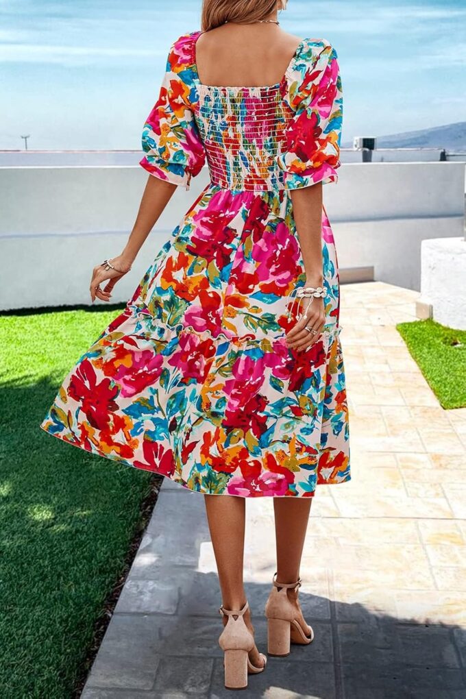 PRETTYGARDEN Women's Summer Casual Dresses 2025 Spring Puff Sleeve Square Neck A-line Flowy Boho Floral Smocked Midi Dress – Bild 2