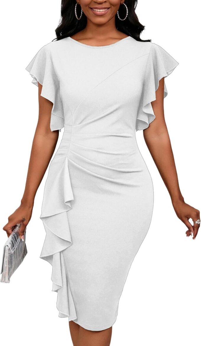 Womens Short Ruffle Sleeve Church Dress 50S Vintage Crew Neck Bodycon Work Pencil Midi Dress