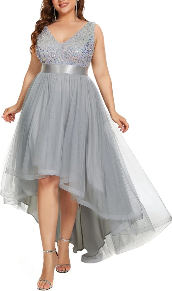 Ever-Pretty Womens Double V Neck A Line High Low Sequin Tulle Plus Size Formal Dresses for Curvy Women 0147A-DA