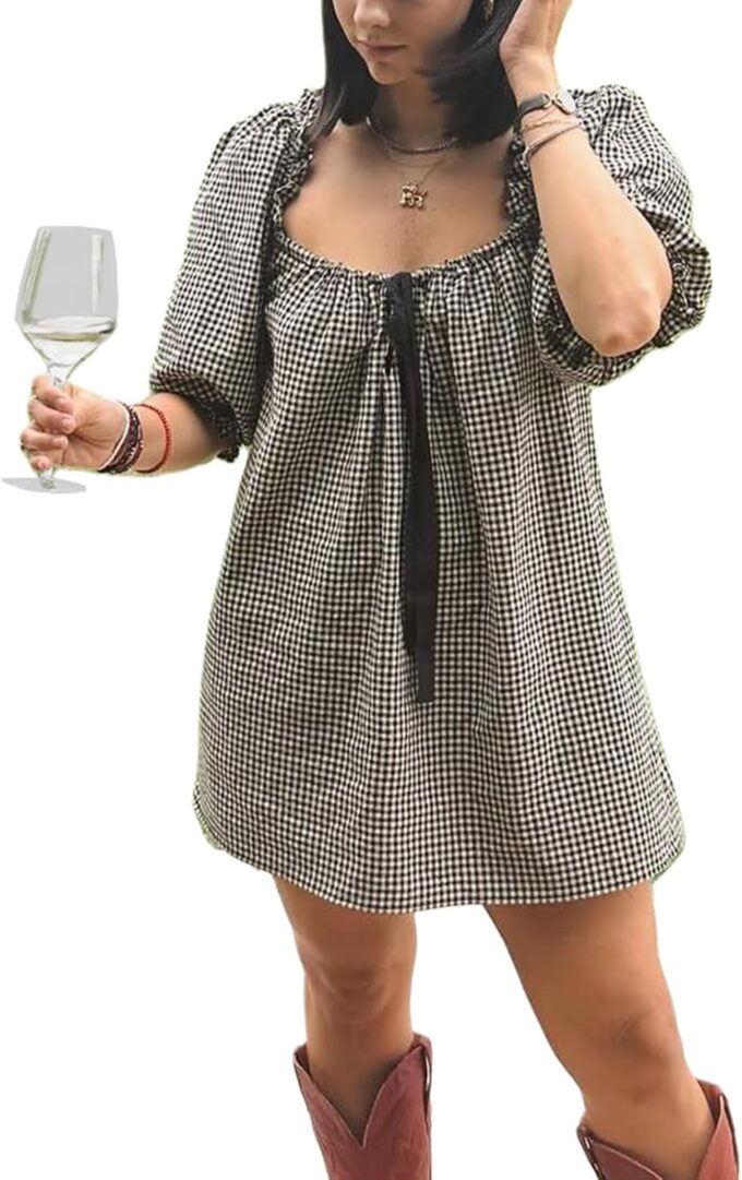 hibshaby Women's Babydoll Short Dress Puff Sleeve Cute Tie Mini Dress Floral Sundress – Bild 5