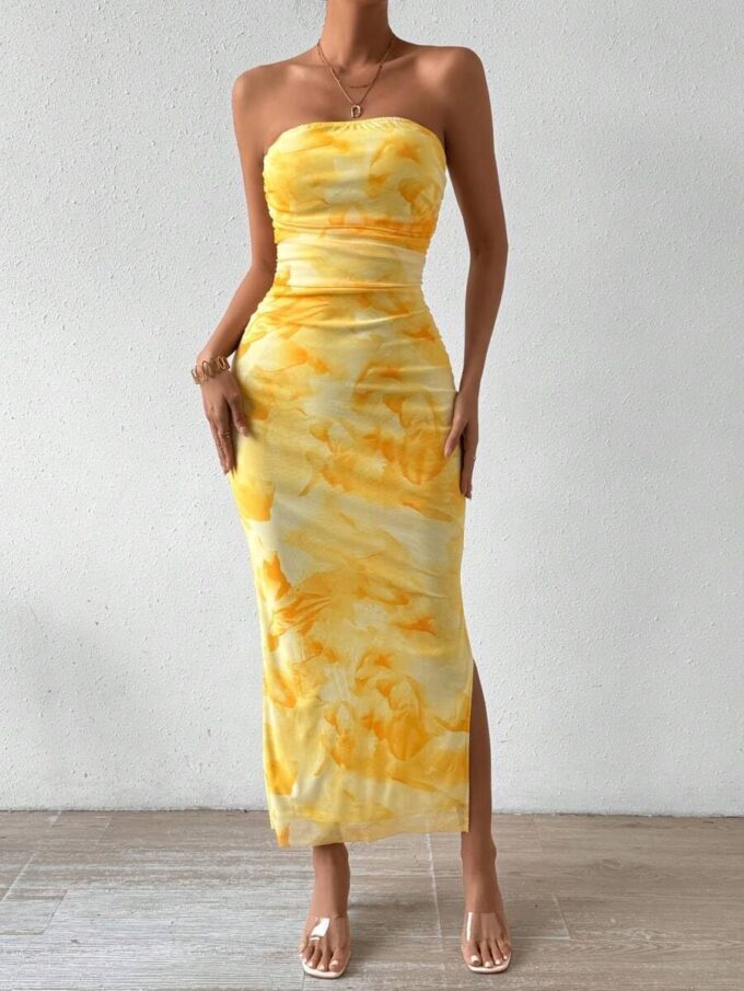 Women's Strapless Tube Top Dress Summer Tie Dye Floral Bodycon Wedding Guest Maxi Slit Dresses Vacation & Party Club – Bild 7