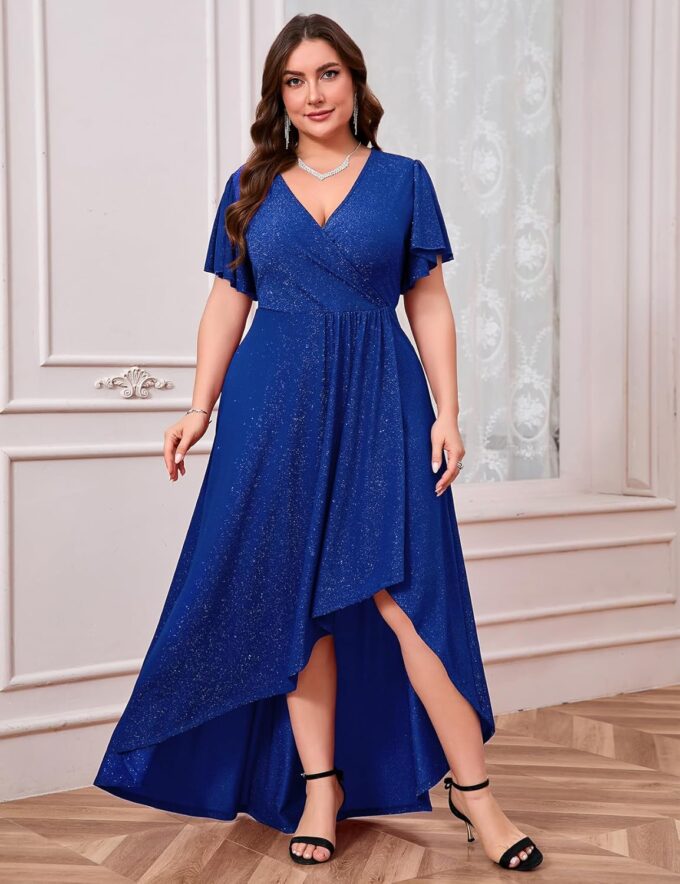 ZOMVA Plus Size 1X-4X Sparkly Glitter Formal Maxi A Line Dress Sparkle Wrap Ruffle Sleeve Prom Dresses Cocktail Evening Gown – Bild 5