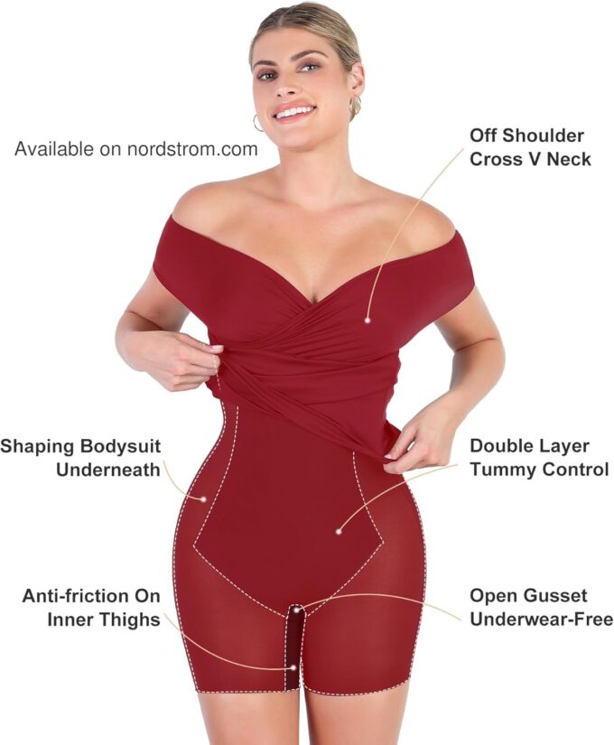 Popilush Off Shoulder Midi Dresses for Women Shapewear Tummy Control Wrap V Neck Formal Cocktail Wedding Guest Dress – Bild 3