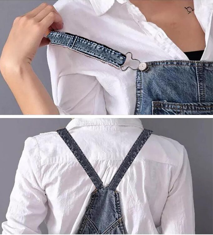 loveimgs Women Distressed Denim Overall Dress Bib Long Jean Jumper Ripped Adjustable Straps Patchwork Pinafore Dress – Bild 6