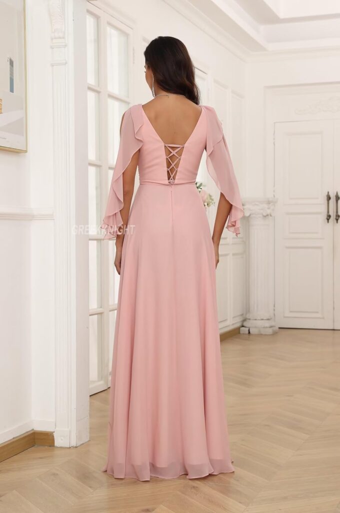 Cold Shoulder Bridesmaid Dresses with Sleeves for Women V Neck Chiffon A Line Pleated Formal Evening Gown – Bild 5