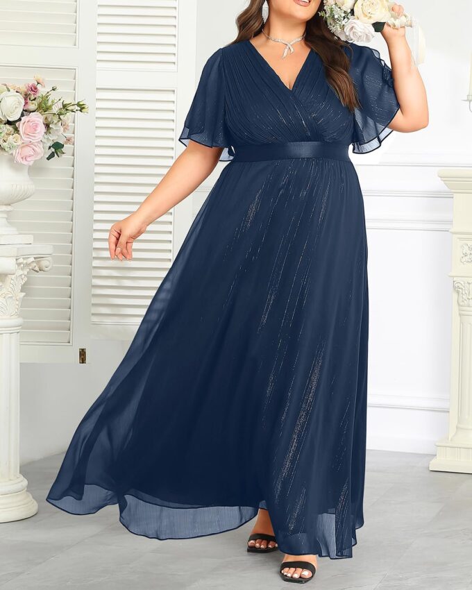 Plus Size Formal Dress - Chiffon V Neck Bridesmaid Wedding Guest Party Short Sleeve A-Line Floor Length Dresses – Bild 3