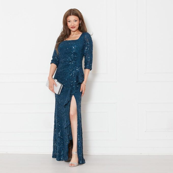 Alex Evenings Women's Long Length Sequin Mother of The Bride Gown, Formal Event Dress with ¾ Sleeves and Cascade Ruffle – Bild 5