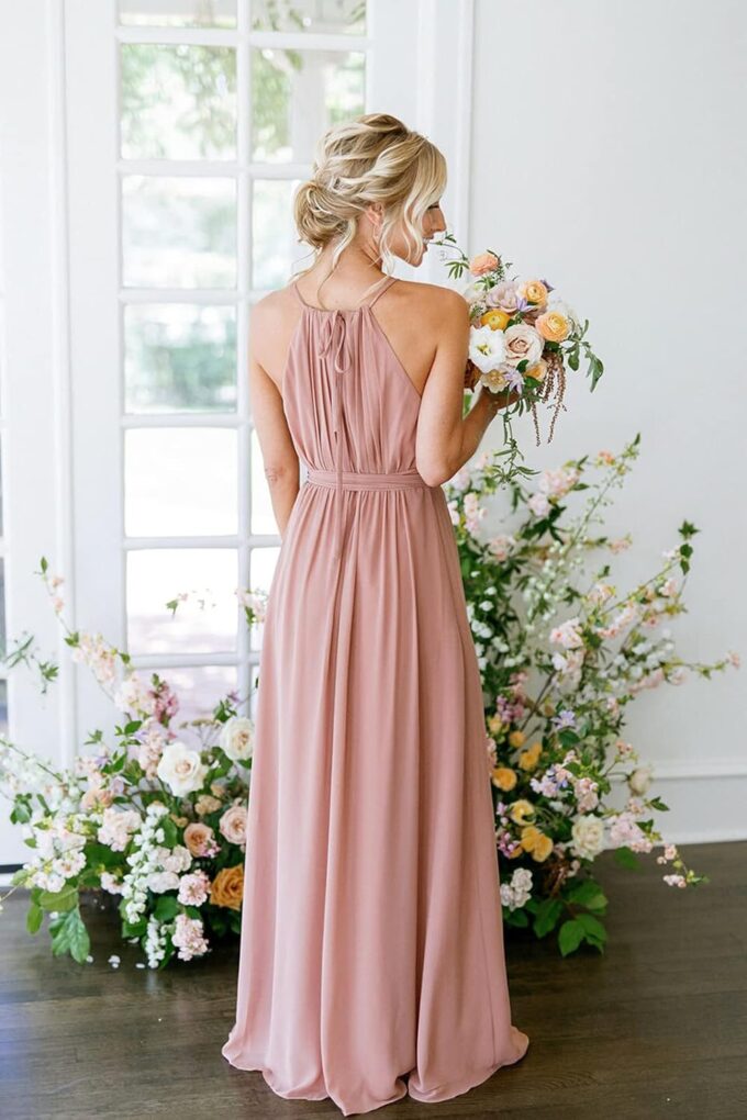 Women's Halter Pleated Chiffon Long Bridesmaid Dresses with Pockets Formal Dresses Evening Party Gown – Bild 2
