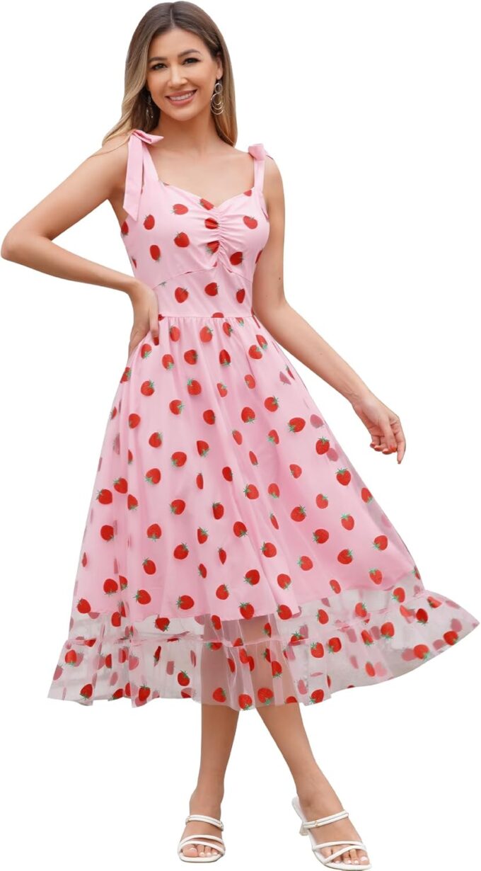 ODIZLI Women’s 1950s Retro Vintage Dress Adjustable Spaghetti Straps Mesh Strawberry/Flower/Cherry Swing Dress Cocktail Dress
